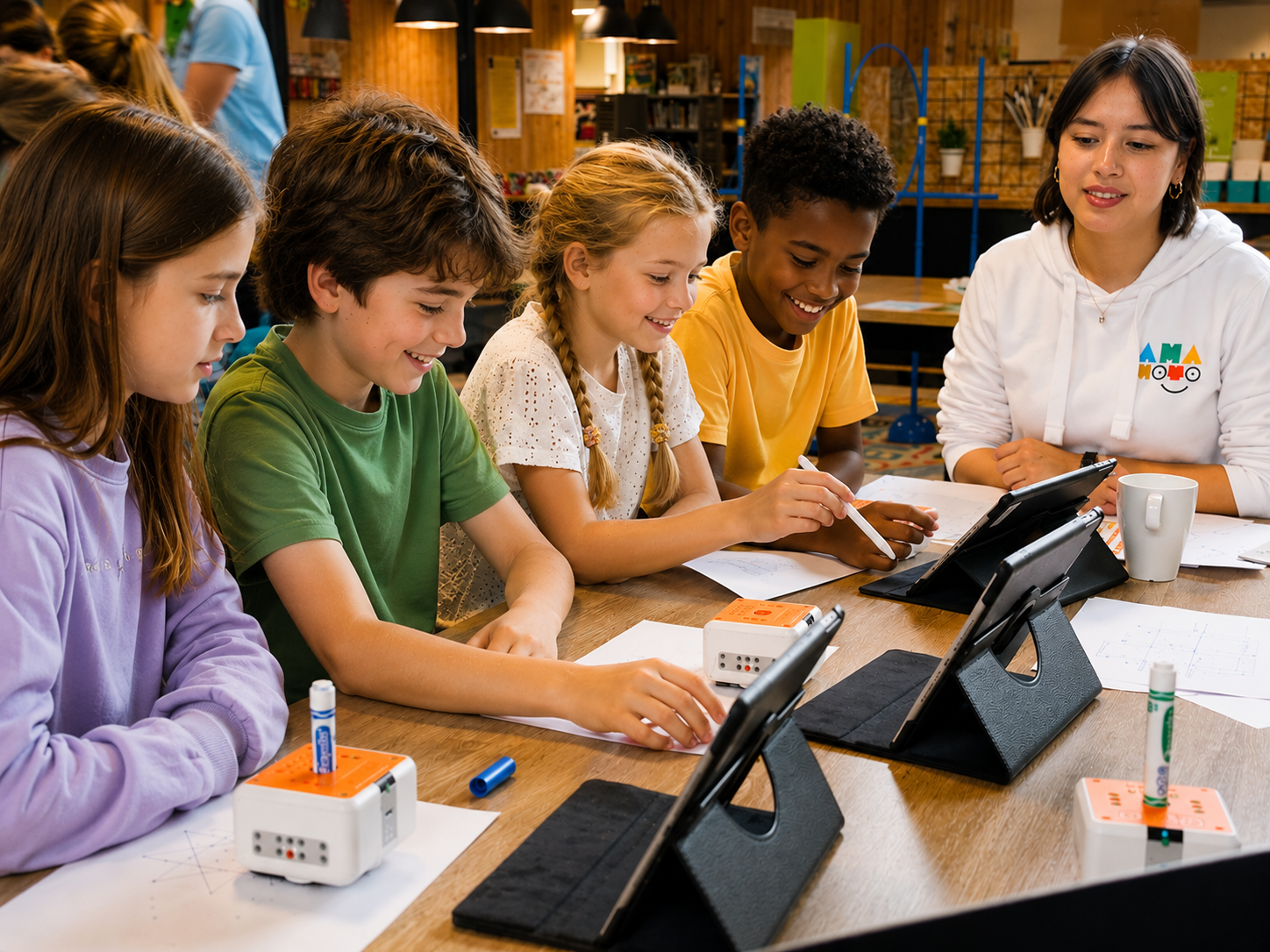 Kinderen werken met robots en tablets tijdens de Ahamoto Club