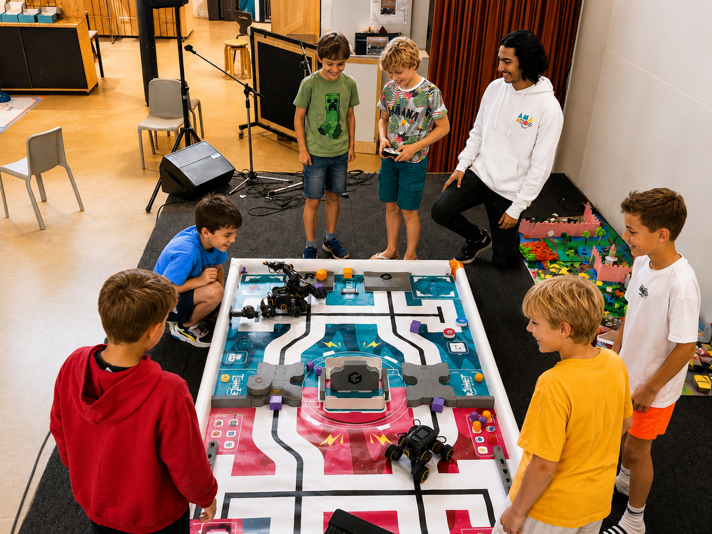 Kinderen rond een grote robotarena tijdens de impressiemiddag van Ahamoto